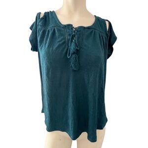 Pink Rose Tassel Top Cold Shoulder Blouse Teal Green Casual Size L Sexy Comfy